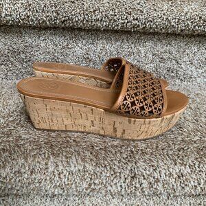 Tory Burch Women's Brown Leather Wedge Slides.